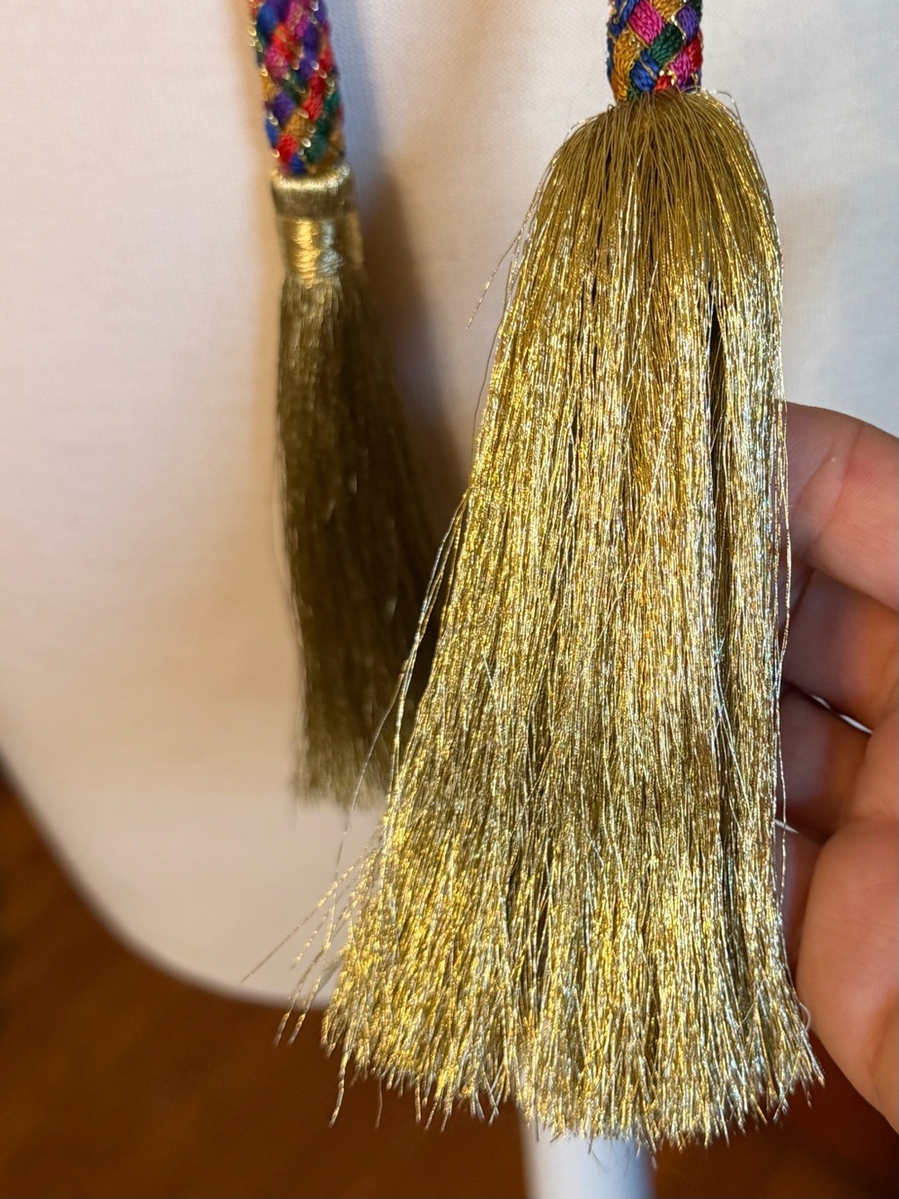 Vintage Fabric Multicolor Belt With Gold Tassels Size Large (L) Length 58” - Picture 9 of 16